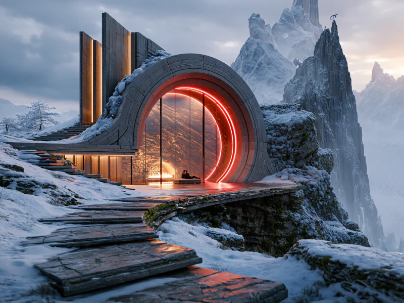 Pavilion above a mist forest