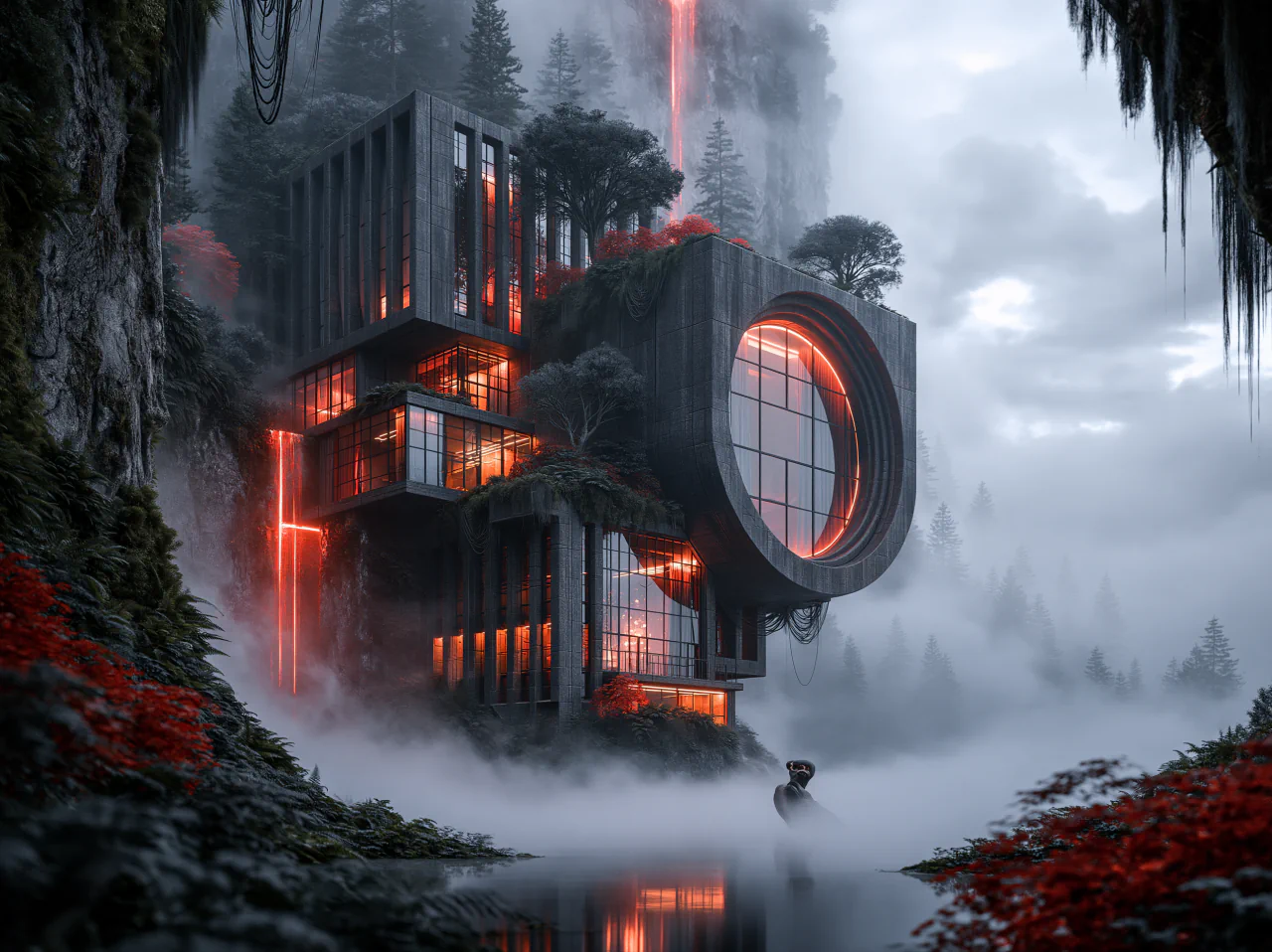 The Cloud House pavilion overlooking a misty forest