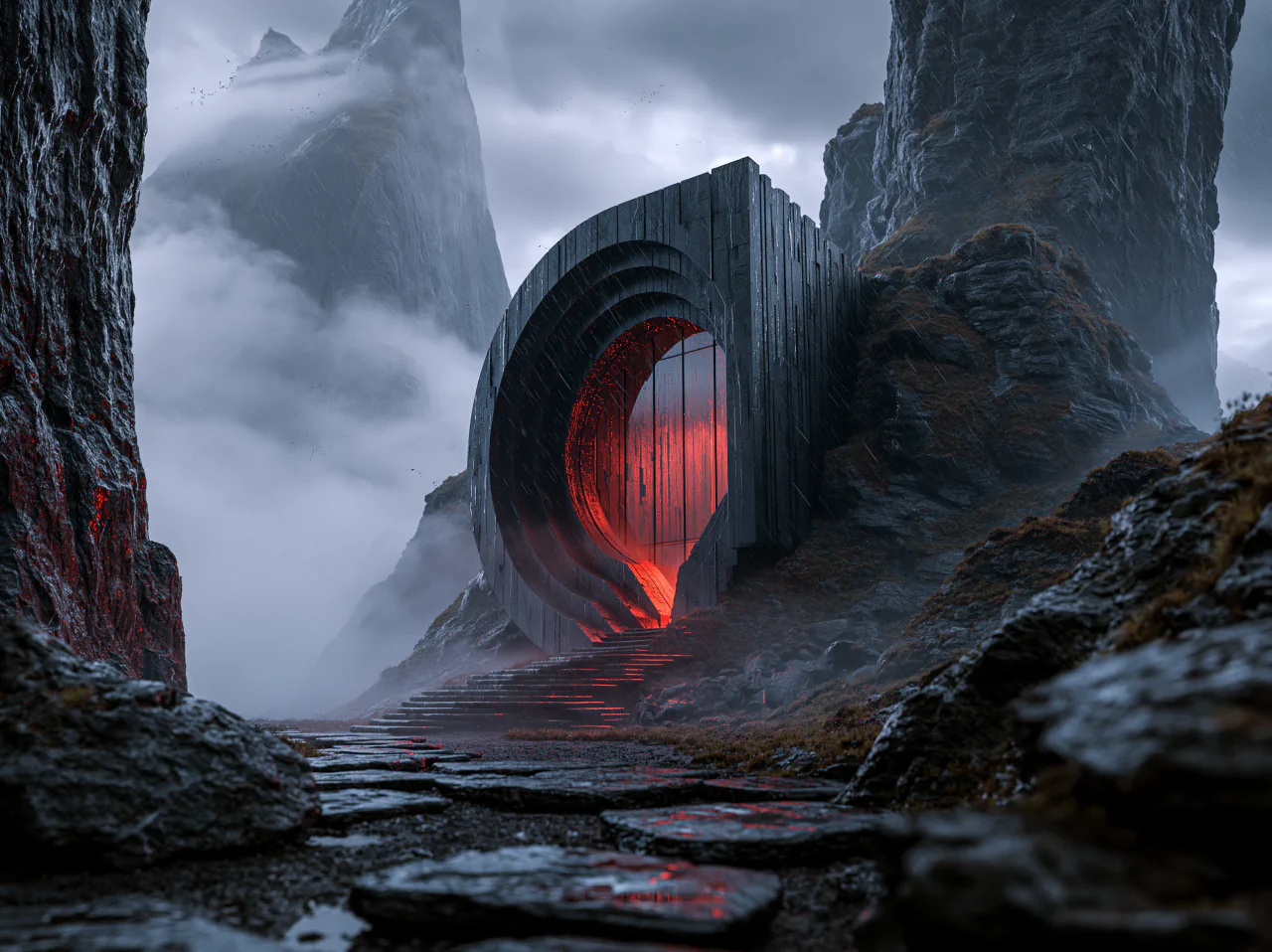 A distant red light beyond a basalt passage